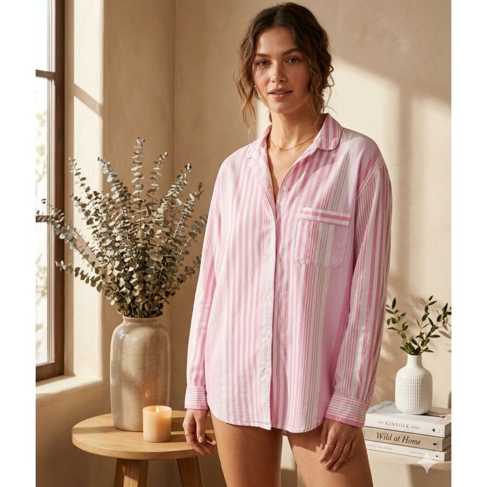 Victoria's Secret Pajama Top Womens M Pink Stripe Flannel Button Up Sleep Shirt